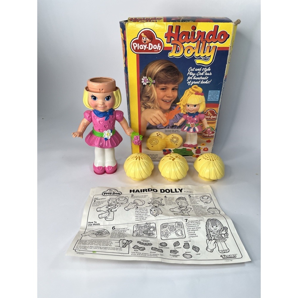 Vintage 1991 Play-Doh Kenner Hairdo Dolly 3 Hair Pieces Box & Pamphlet Included